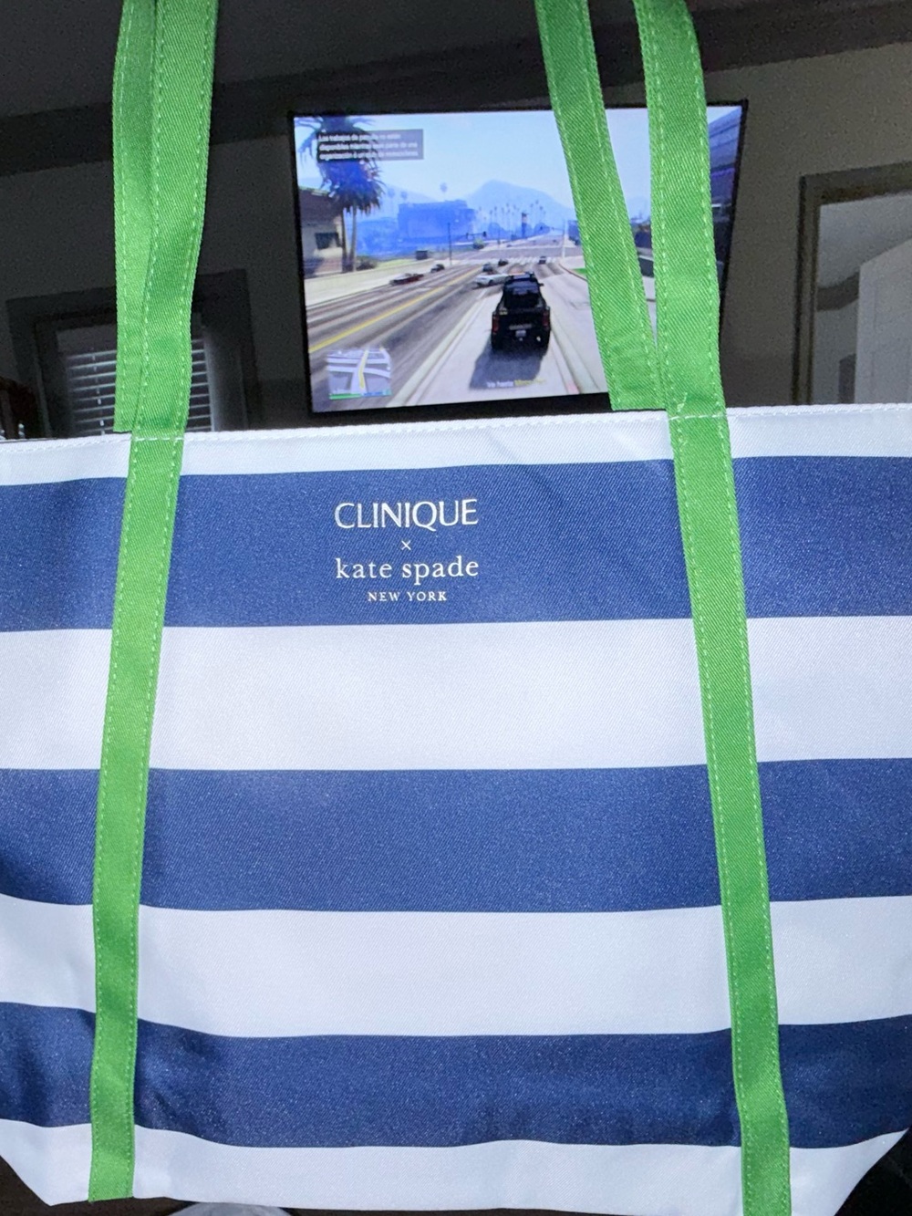 Clinique Striped Navy and White Tote with Green Handles